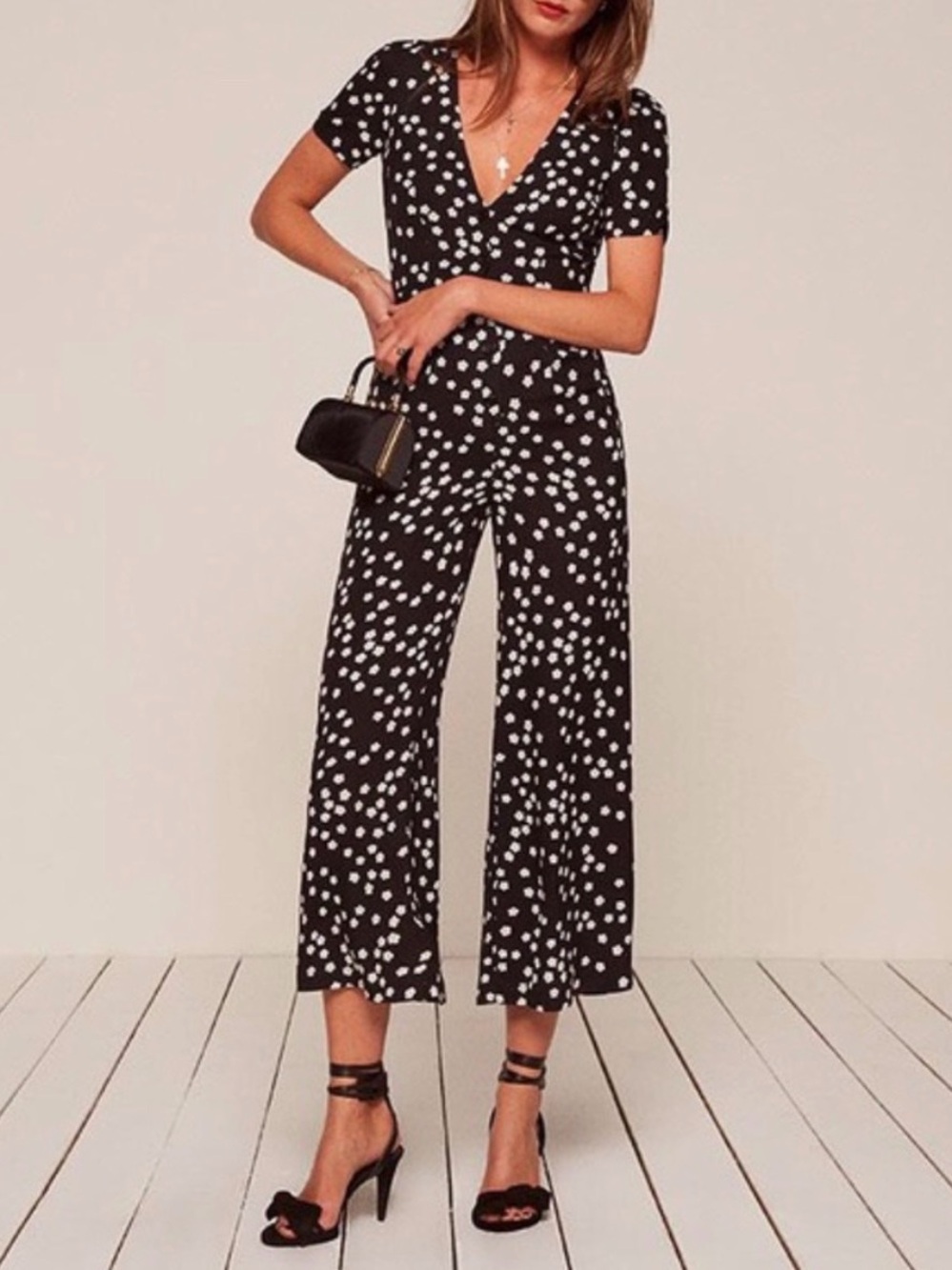 Reformation Black Polka Dot V-Neck Wide-Leg Jumpsuit